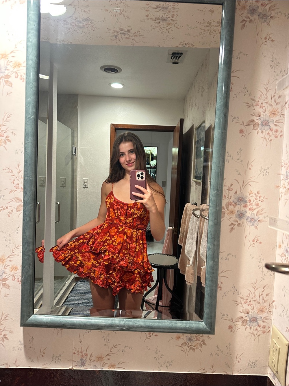 Floral Ruffled Mini Dress in Burnt Orange and Yellow - Picture 2 of 4